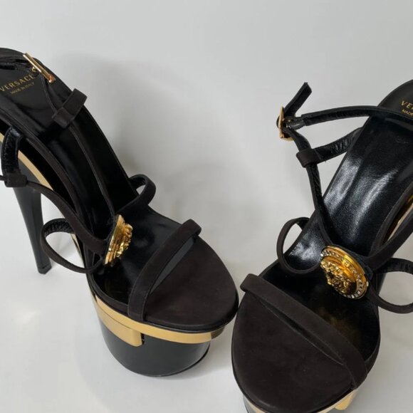 Versace Black & Gold Medusa Triple Platform Swarovski Crystals Sandals Heels - Picture 2 of 13